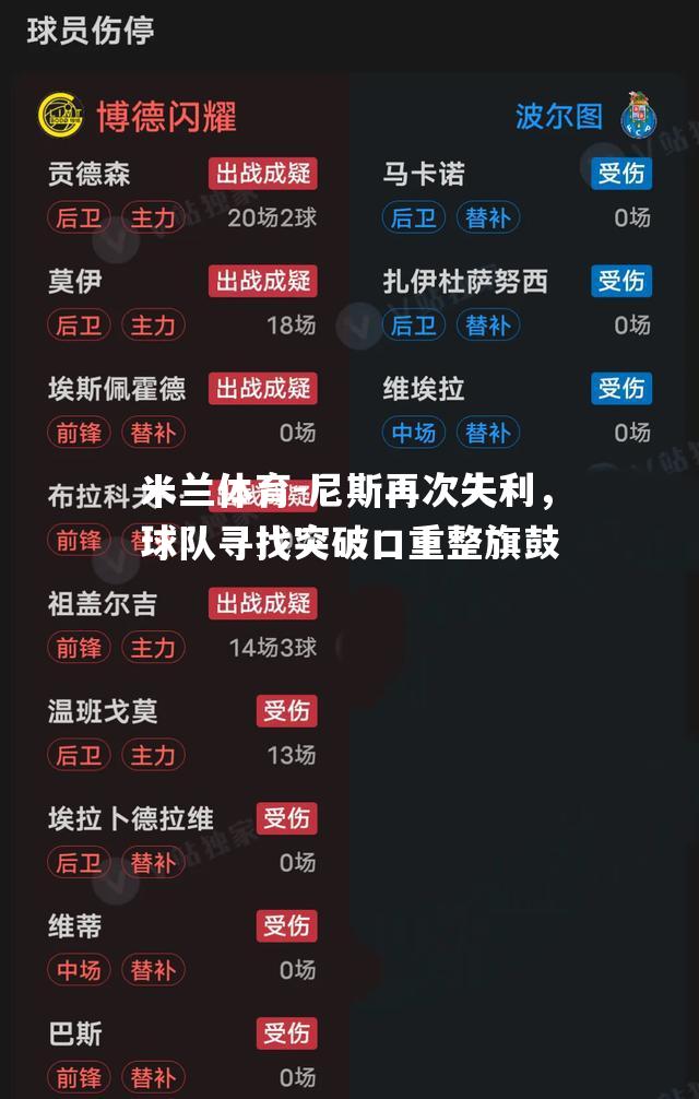 尼斯再次失利，球队寻找突破口重整旗鼓